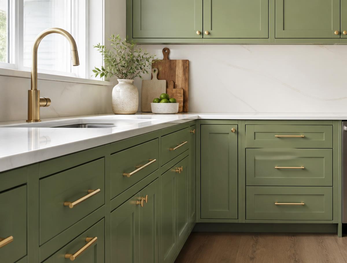 Sage green refinished kitchen cabinets with brass hardware and white quartz counters