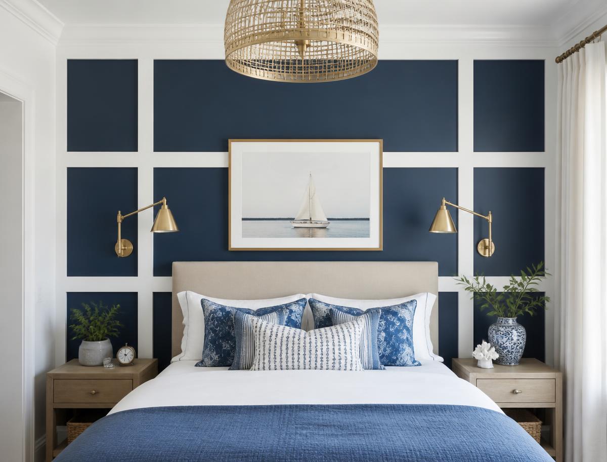 Bedroom feature wall with white board-and-batten grid over deep navy paint